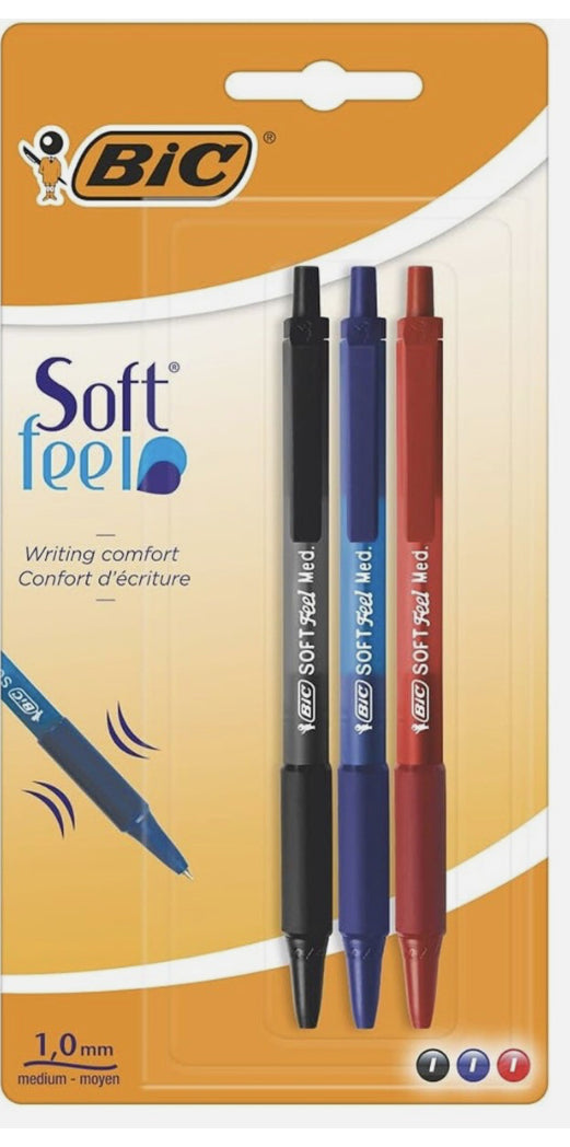 Bic Soft Feel Ballpoint Pens Medium Point (1.0 mm)–Assorted Colours, Pack of 3